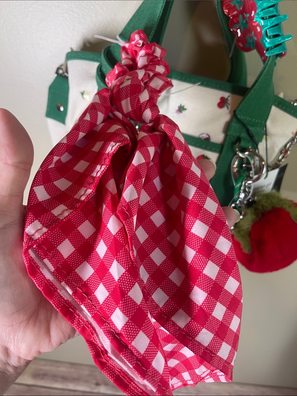 Madden Girl Green and Cream Crossbody Tote with Red Pom Pom - many extras! - Picture 5 of 16